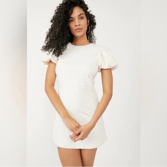 Free People Womens Apricot Rose Mini Dress Puff Sleeve Eyelet White Size L - Picture 4 of 10